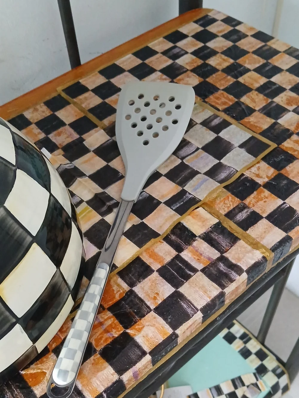 MacKenzie-Childs Gray Silicone Slotted Turner with Checkered Handle